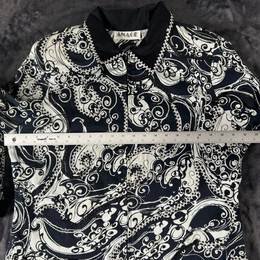 Anage Zip‎ Front Jacket Womens Large Black White Paisley Beaded Floral Lining